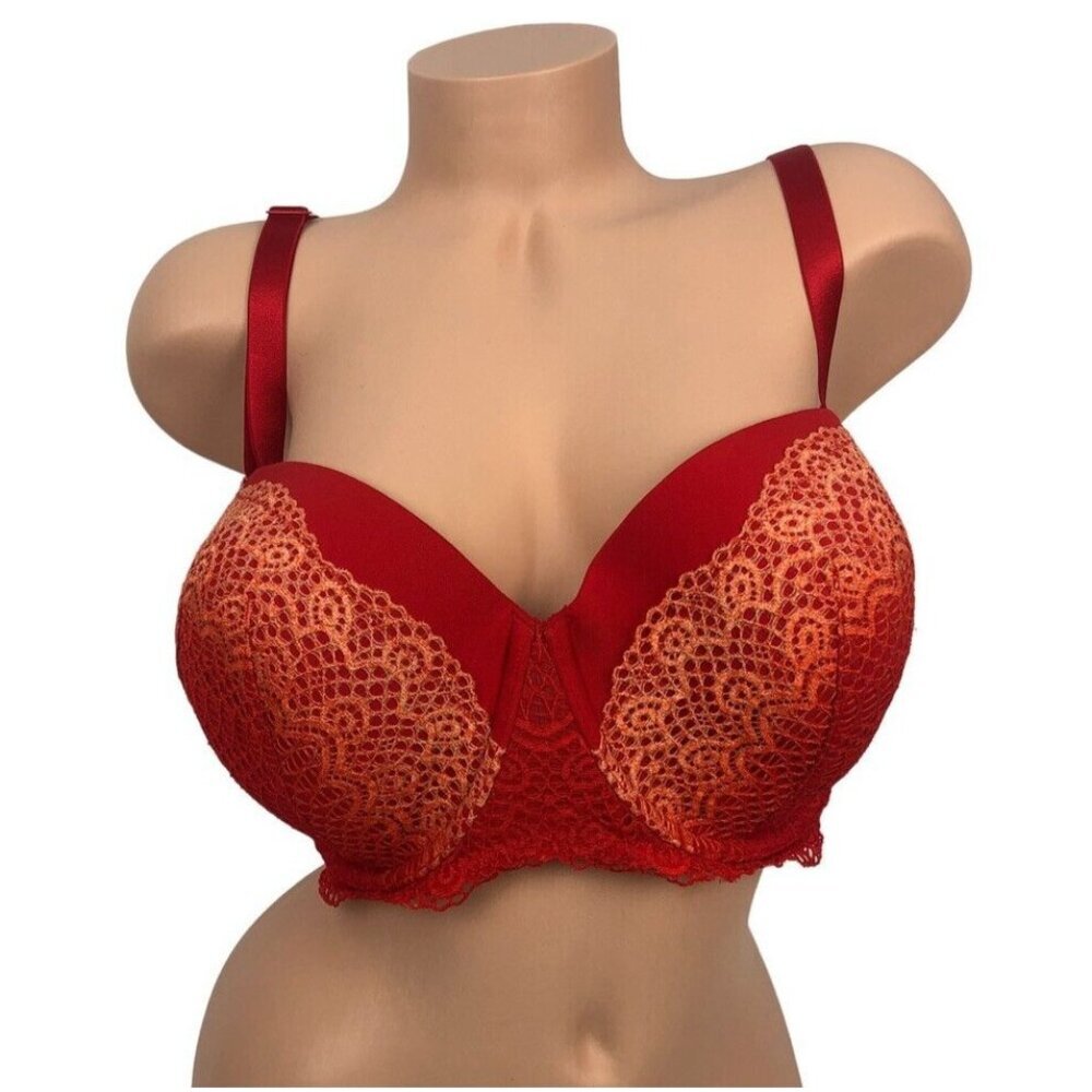 Cacique 42DDD Full Coverage‎ Lace Bra Unpadded Balconette T-Shirt Bra Red Orange